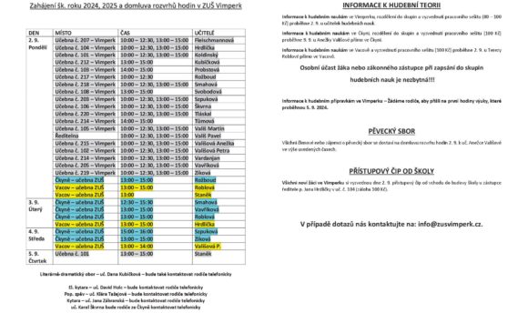 Zahájení šk. roku 2024,2025 – domluvy rozvrhů hodiny